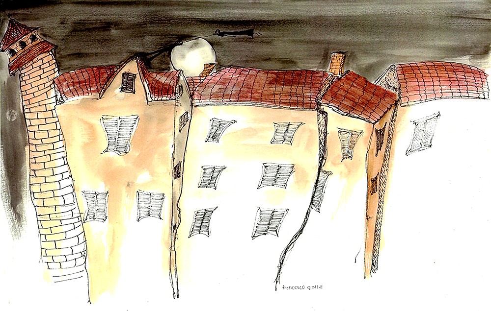 Rooftops of a hill town at night, under a full moon