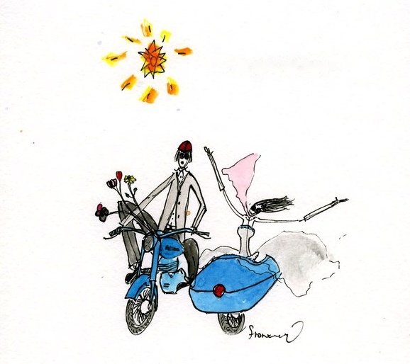 A wedding couple on a motorbike