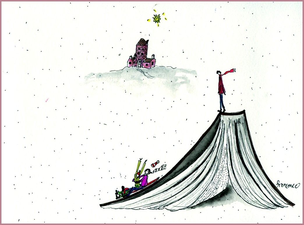 A figure atop a giant open book, with children sledding down its pages toward a castle