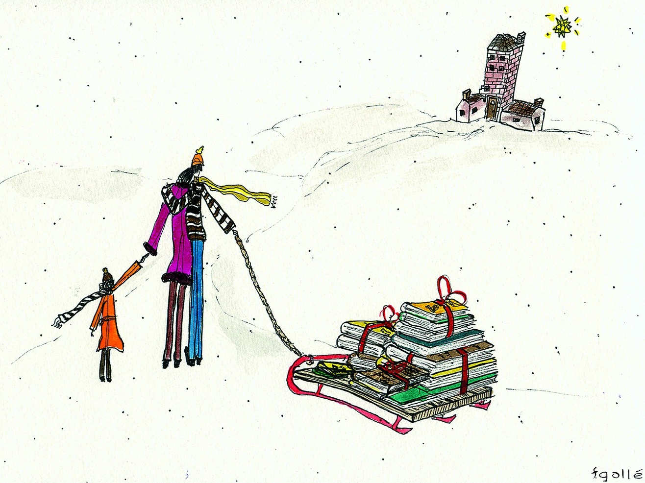 Stilt-walking figures pulling a sled of books toward a castle