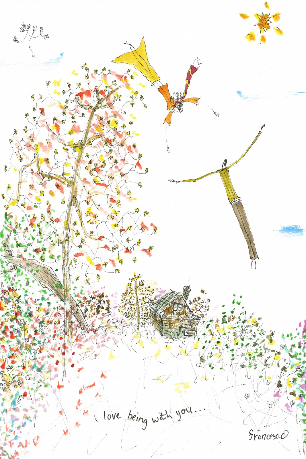Figures flying over an autumn tree, with the words I love being with you