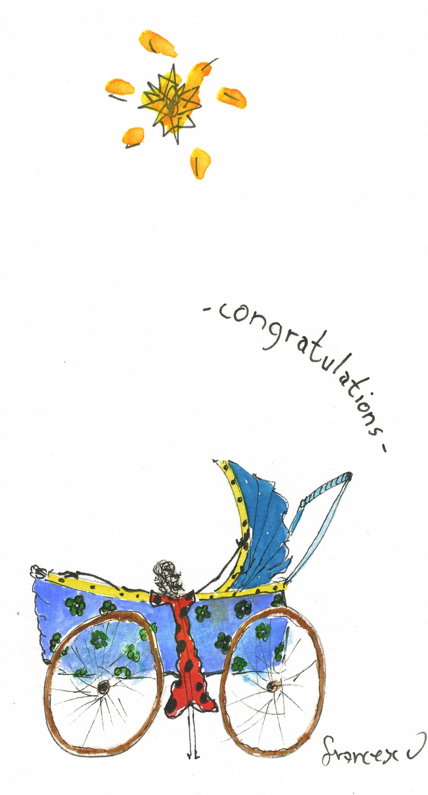 A blue baby carriage under the word congratulations