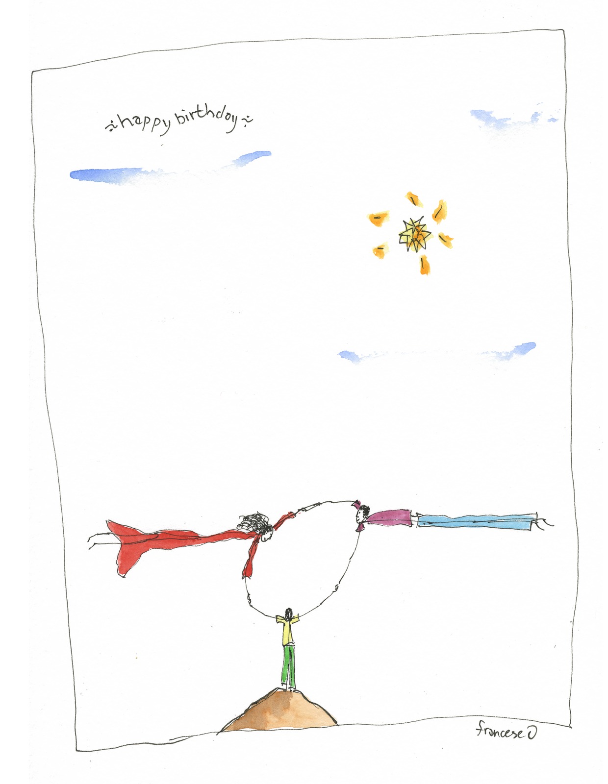 A boy on a hill holding his family together in a ring, happy birthday