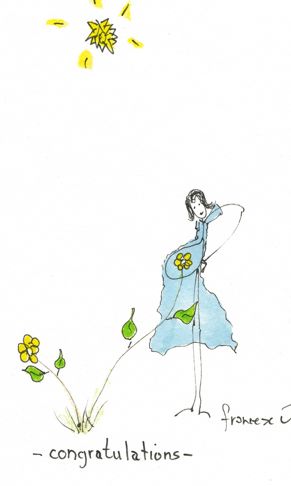An expecting woman in a blue dress beside a small yellow flower, congratulations