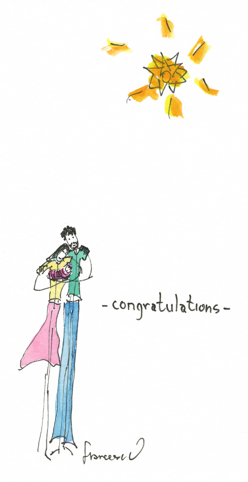 A couple embracing their newborn, with the word congratulations