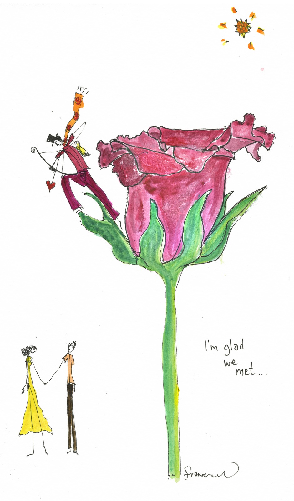 A cupid on a giant red rose above a couple holding hands, I'm glad we met
