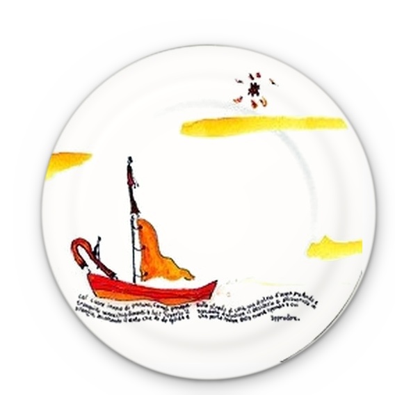 The boatman's sailboat, hand-painted on a ceramic dinner plate