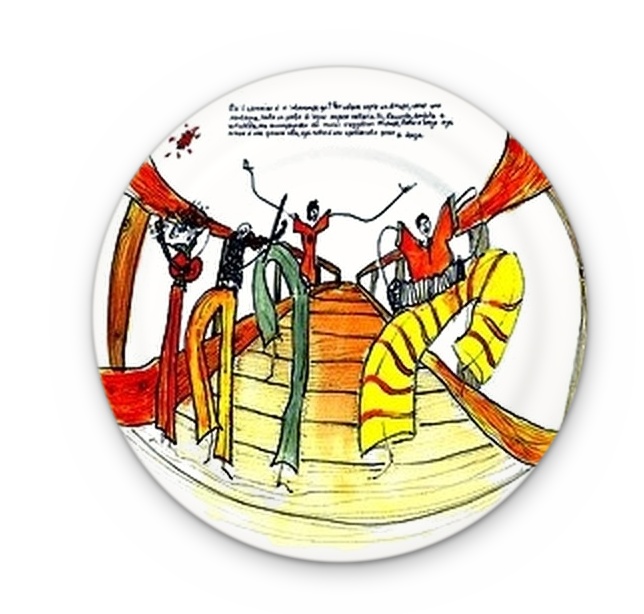 The wooden bridge and the traveling musicians, hand-painted on a ceramic dinner plate