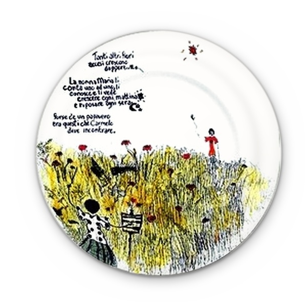 Grandma Maria and the poppy field, hand-painted on a ceramic dinner plate
