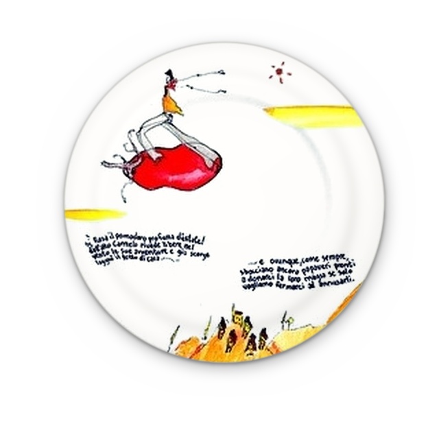 Rosa the flying tomato, hand-painted on a ceramic dinner plate