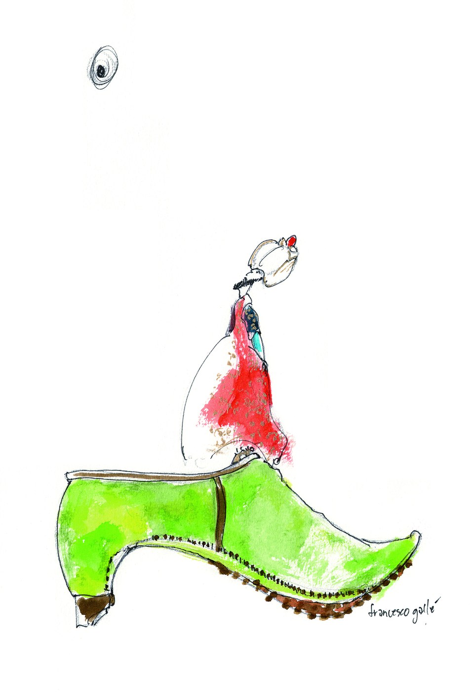 A figure atop a green Persian clog, Bata shoe illustration
