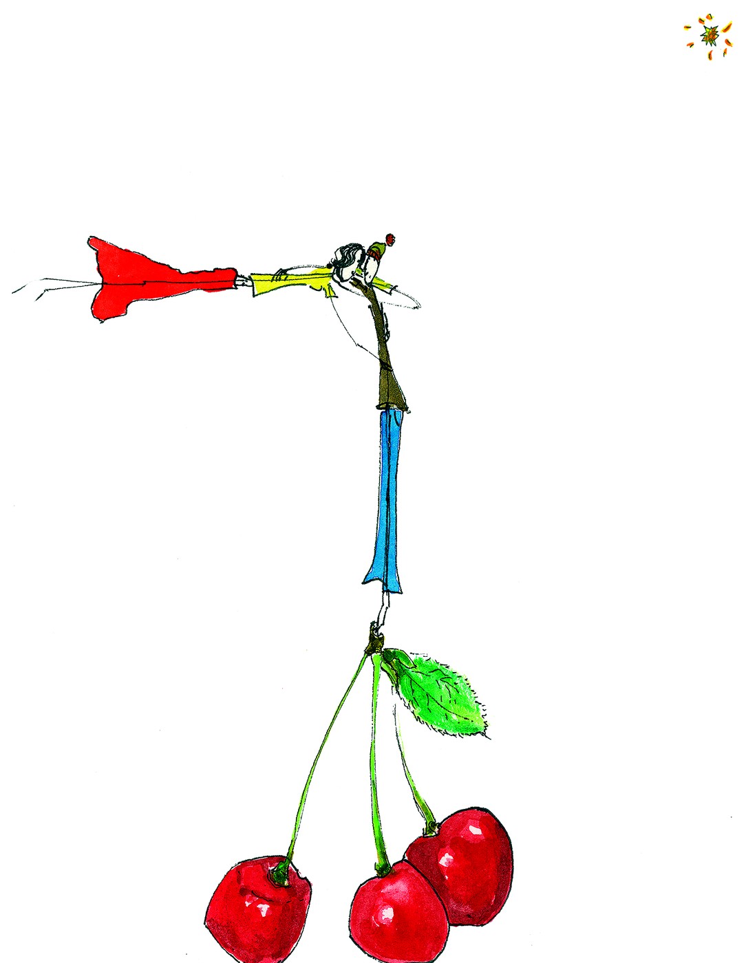 A whimsical figure hanging a bunch of cherries