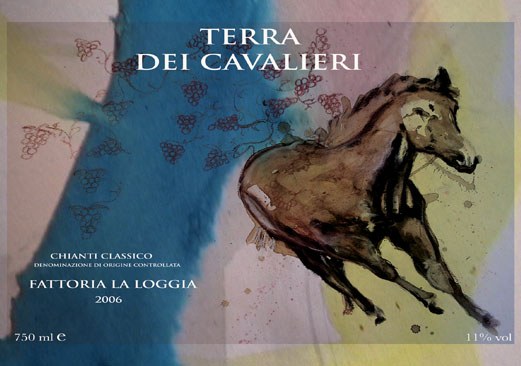 Terra dei Cavalieri, finished painted Chianti Classico wine label with a running horse