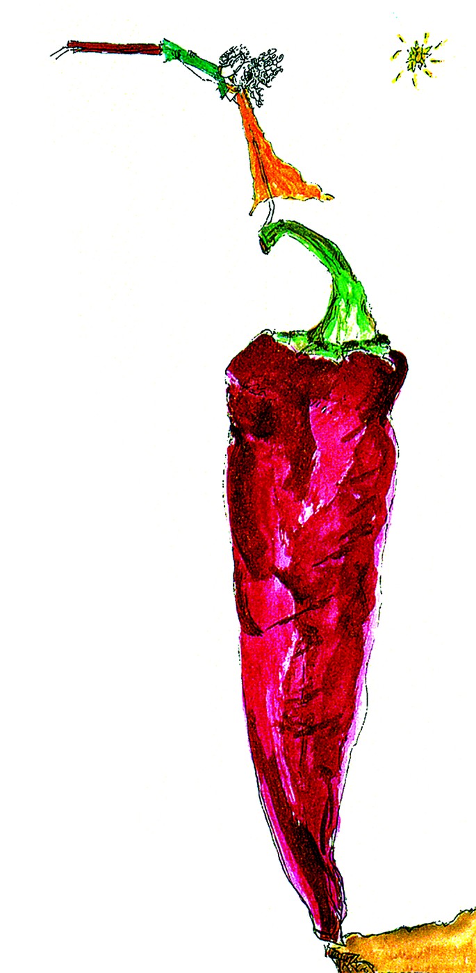 A whimsical figure atop a red chili pepper