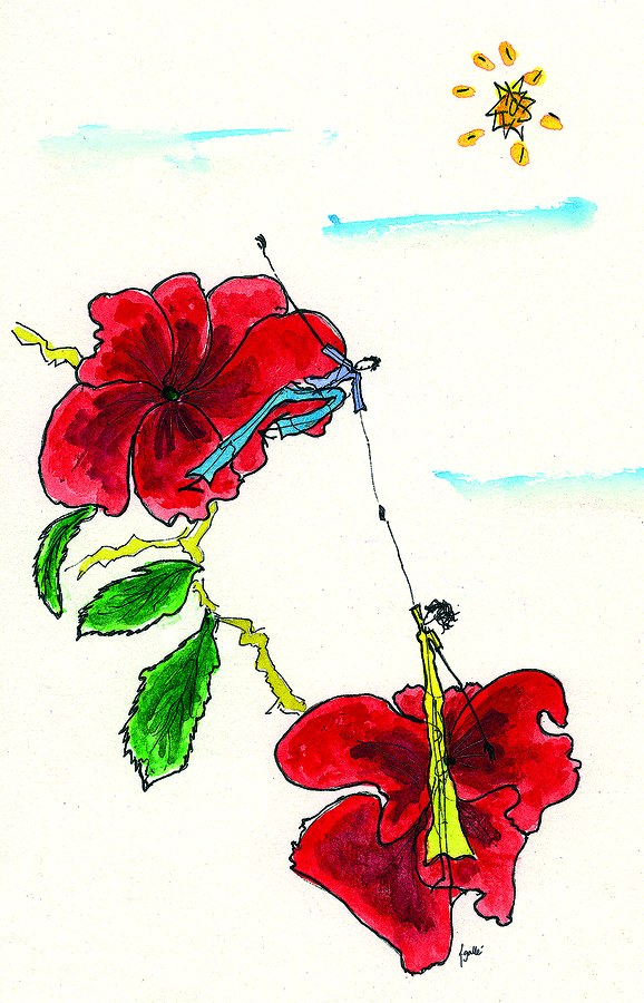 Two lovers among red flowers