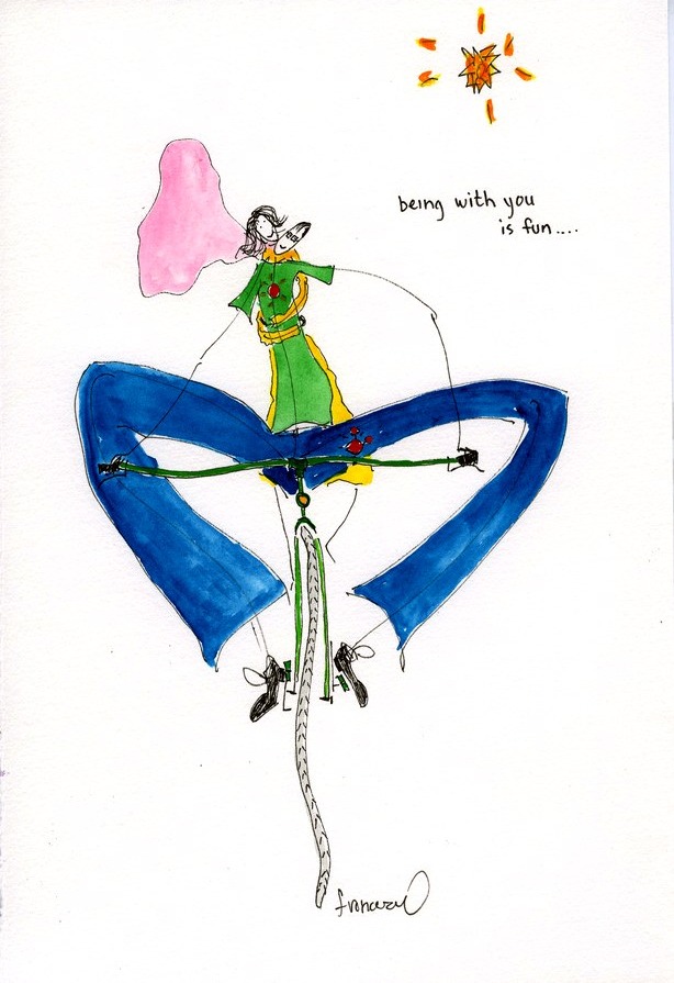A whimsical figure on a bicycle shaped like wings