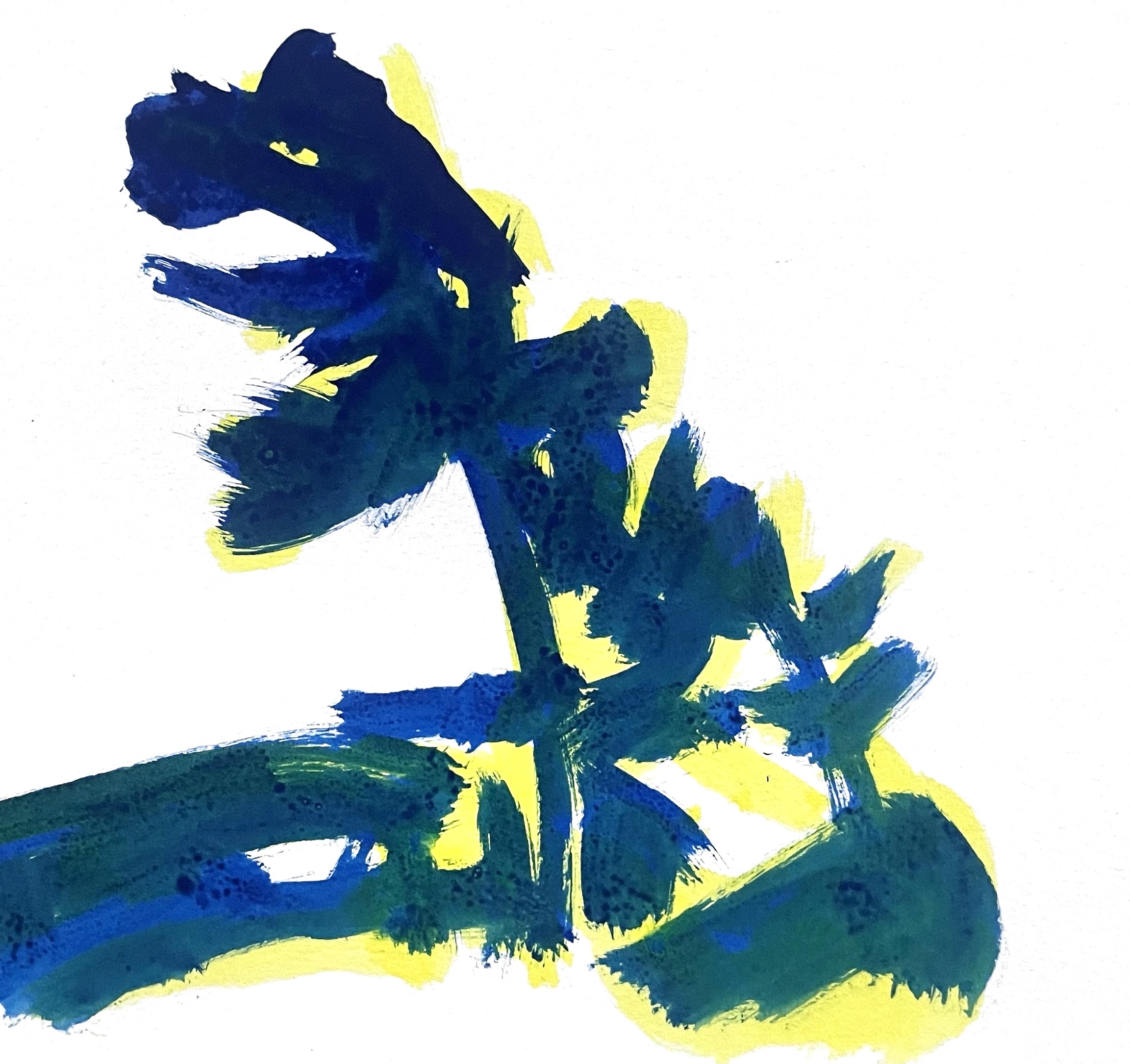 Ink study of a pine, in blue and yellow ink on paper