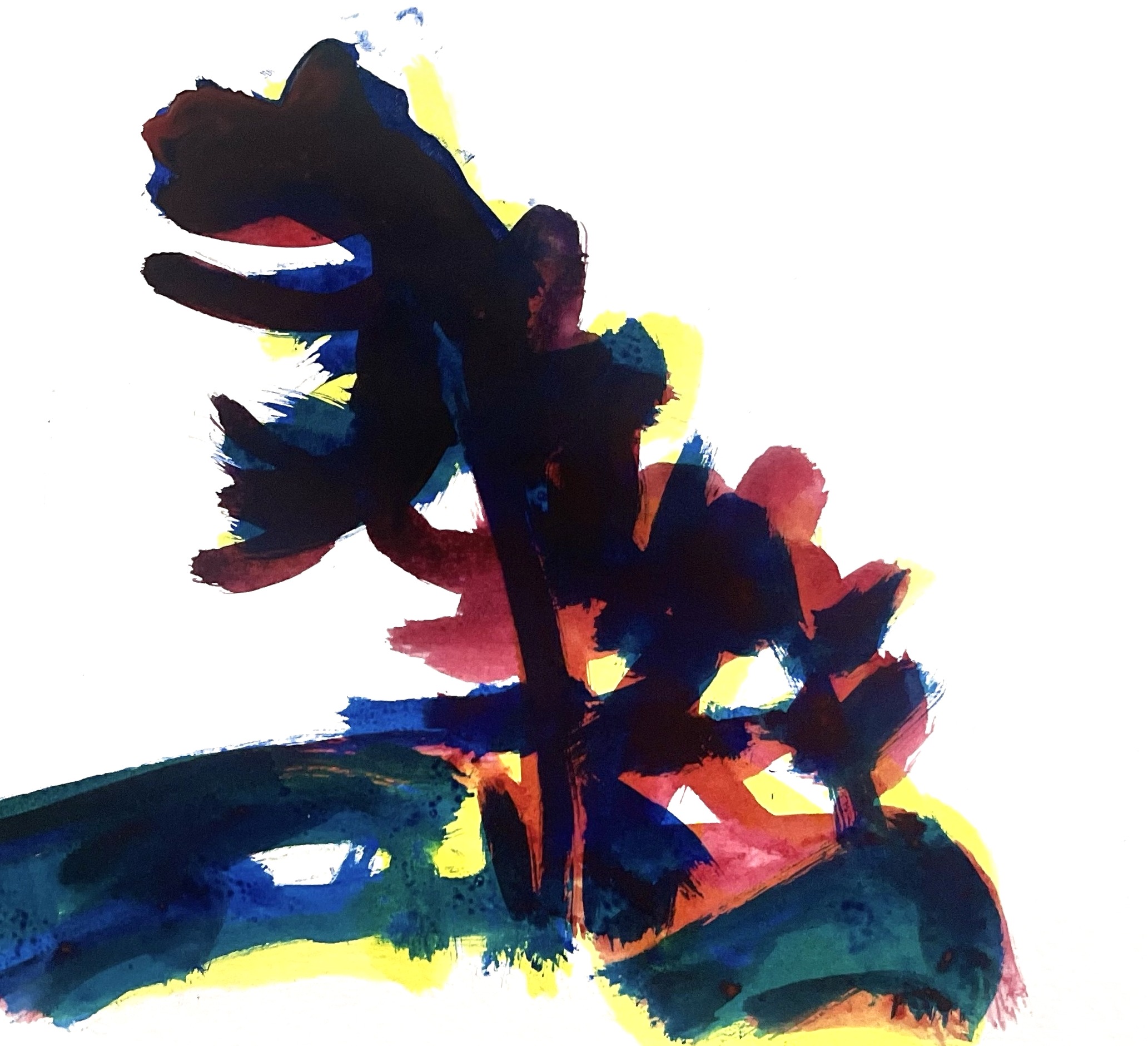 Ink study of a pine, in dark red and yellow ink on paper