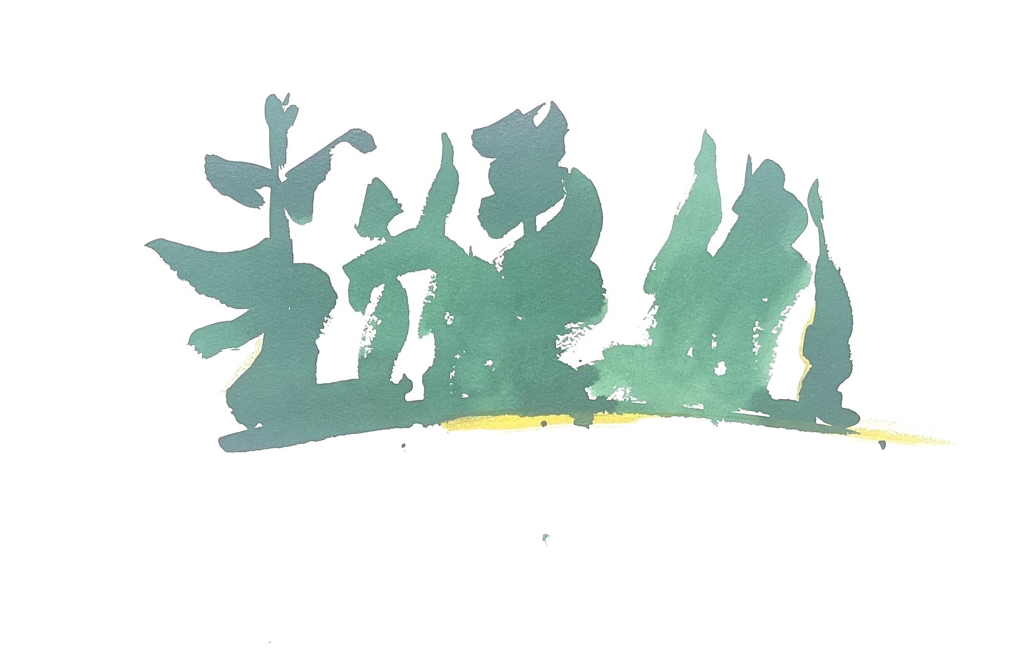 Ink study of a stand of pines, in green ink on paper